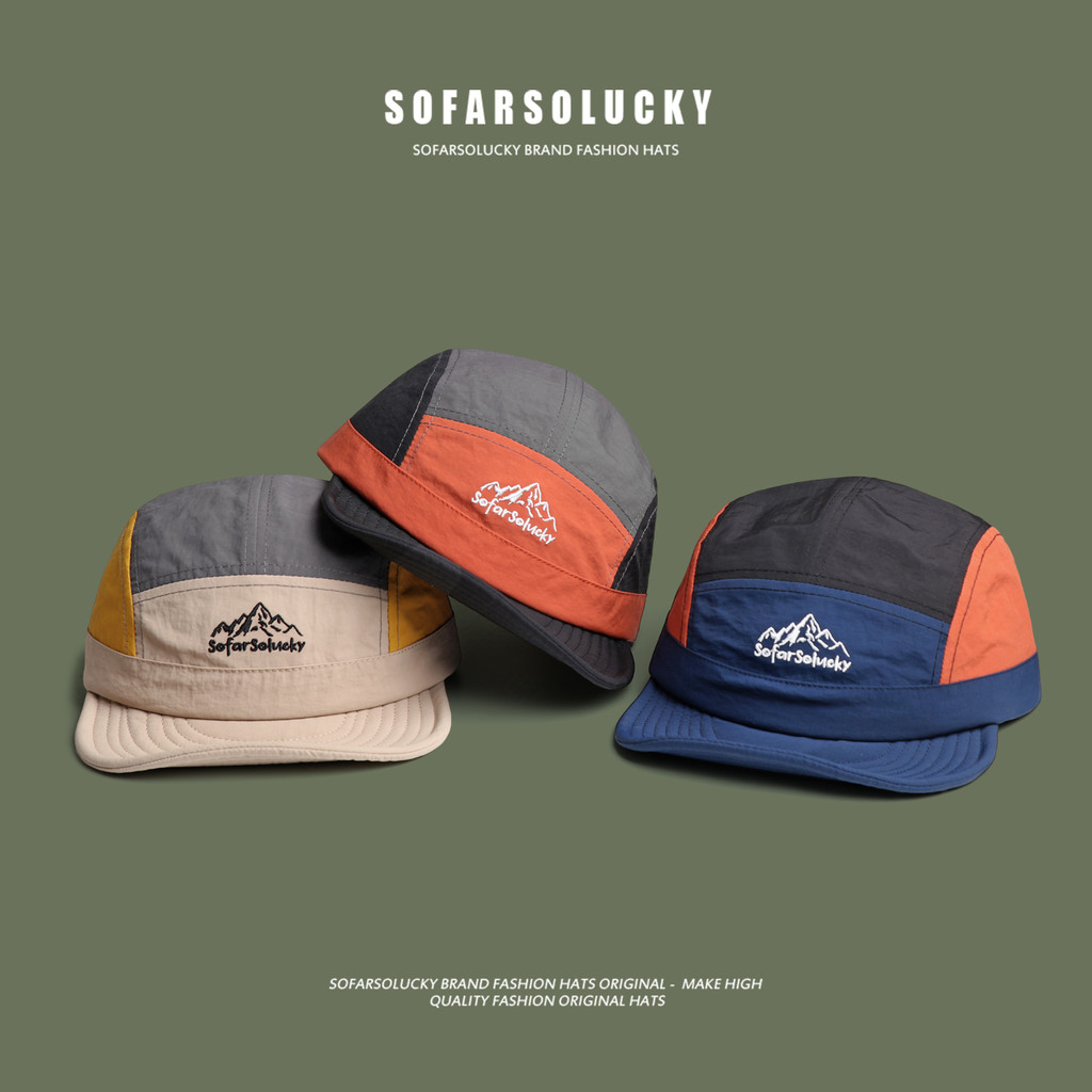 สไตล์ญี่ปุ่นย้อนยุคหมวกปีกสั้นผู้ชายฤดูร้อนแห้งเร็วจดหมายปักสีจับคู่ถนนม่านบังแดดกลางแจ้งหมวกเบสบอลปีกแบน