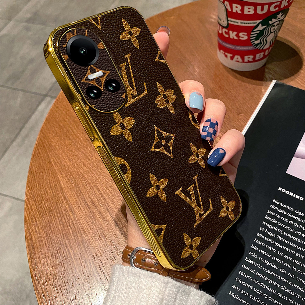 เคสโทรศัพท์มือถือหนัง ขอบทอง ลายดอกไม้ สีน้ําตาล สําหรับ Oppo Reno 11F 5G 11 10 Pro 5G Reno 8T 5G 4G Reno 7 8 4G Reno 7Z 8Z 5G A77S A57 2022