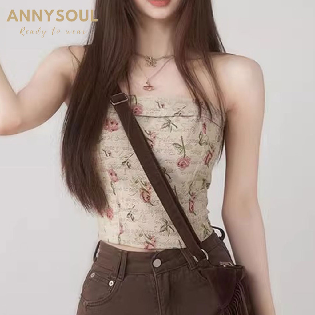 เสื้อเกาะอกเปิดไหล่ ลายดอกไม้เต็มตัว น่ารักมาก สไตล์เกาหลี