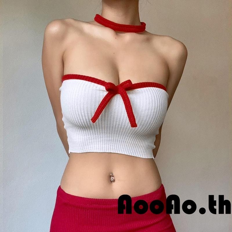 Aooao- เสื้อท็อป แขนกุด เปิดไหล่ ประดับโบว์ สําหรับผู้หญิง