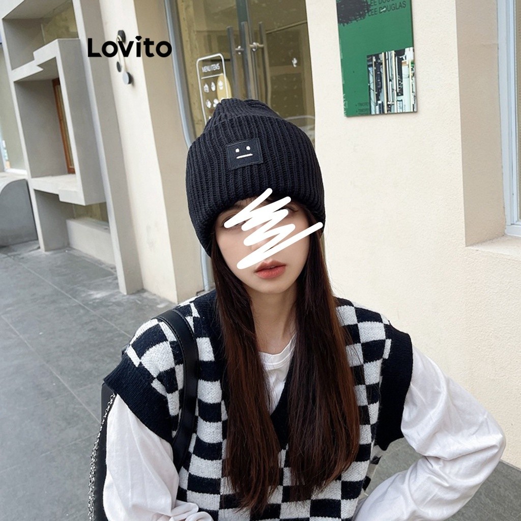Lovito หมวกลายปัก น่ารัก ลำลอง สำหรับสตรี LFA03102 (สีขาว/สีดำ)