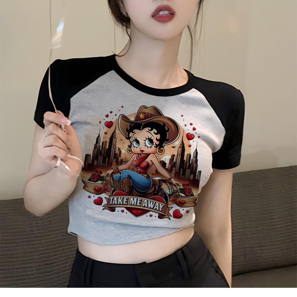 Betty Boop gothic streetwear เสื้อครอปผู้หญิงน่ารักวินเทจเสื้อผ้าเสื้อครอป