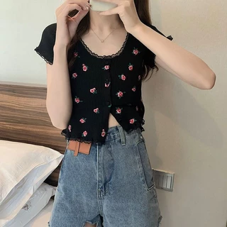 ถักแขนสั้นเสื้อยืดผู้หญิงฤดูร้อนรูปแบบใหม่การออกแบบความรู้สึกดอกไม้เล็กๆ bm Navel-Exposed Hot Girl Simple All-Match สั้น ins