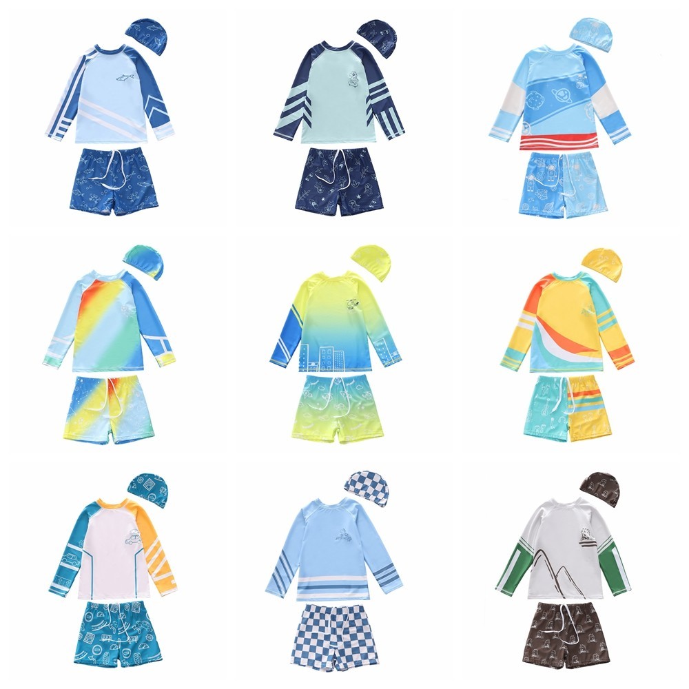 ชุดว่ายน้ําแขนยาว 14 สี แห้งเร็ว พร้อมหมวกแฝด M-5XL 80-150 ซม. สําหรับเด็กผู้ชาย 3 ชิ้น ต่อชุด