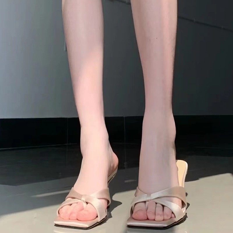 รองเท้าส้นสูง เปิดนิ้วเท้า สีแชมเปญ สไตล์ฝรั่งเศส วินเทจ เหมาะกับฤดูร้อน กลางแจ้ง สําหรับผู้หญิง