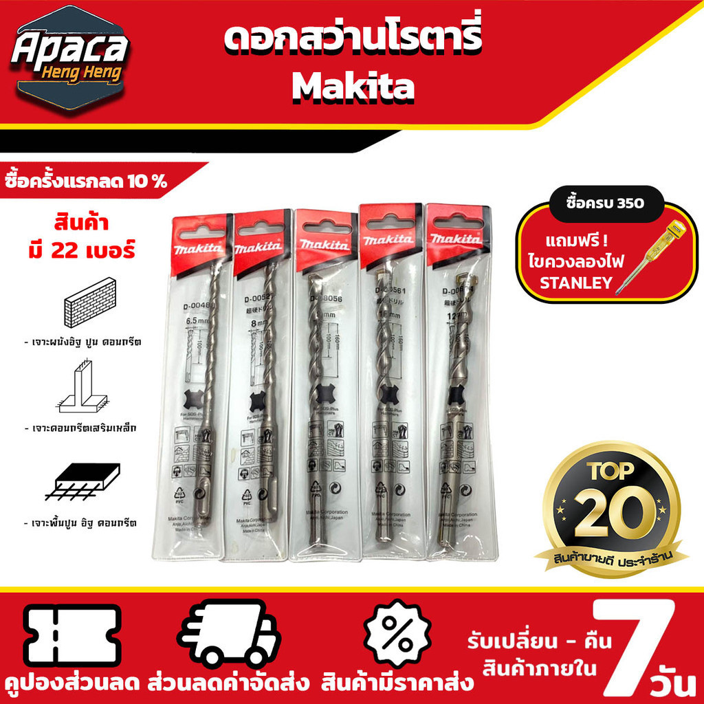 ดอกดอกสว่านเจาะปูน ดอกสว่านโรตารี่มี 22 เบอร์ 5X110 - 20X210 มีรับประกันเปลี่ยนสินค้า MAKITA