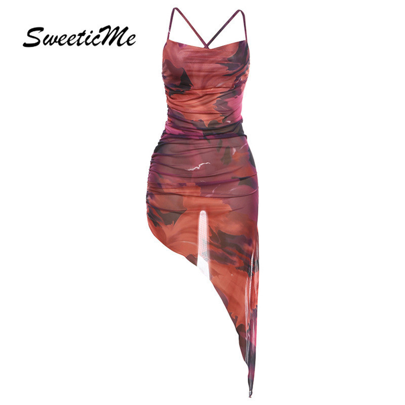 Sweeticme ชุดเดรส เปิดหลัง พิมพ์ลาย เซ็กซี่ แฟชั่นใหม่ สําหรับผู้หญิง 2024