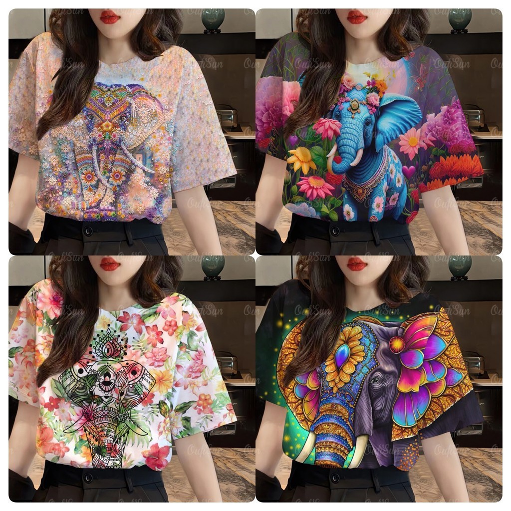 (พร้อมส่ง) เสื้อยืดแขนสั้นลําลอง ลายช้าง สไตล์ฮาวาย วินเทจ สําหรับผู้หญิง 2024