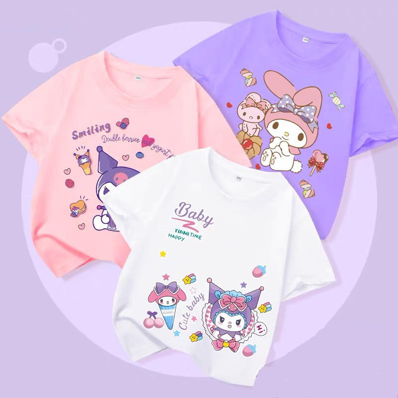 1-9 ปีหญิงด้านบนสีม่วง คุโรมิ เสื้อยืด สําหรับเด็กสาวการออกแบบใหม่สีชมพูสีเด็กเสื้อผ้าฝ้ายรอบคอน่ารักสีฟ้าเสื้อสําหรับสาว