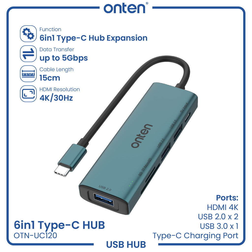 Onten อะแดปเตอร์ขยายฮับ USB Type-C HDMI USB3.0 SD/TF UC12X