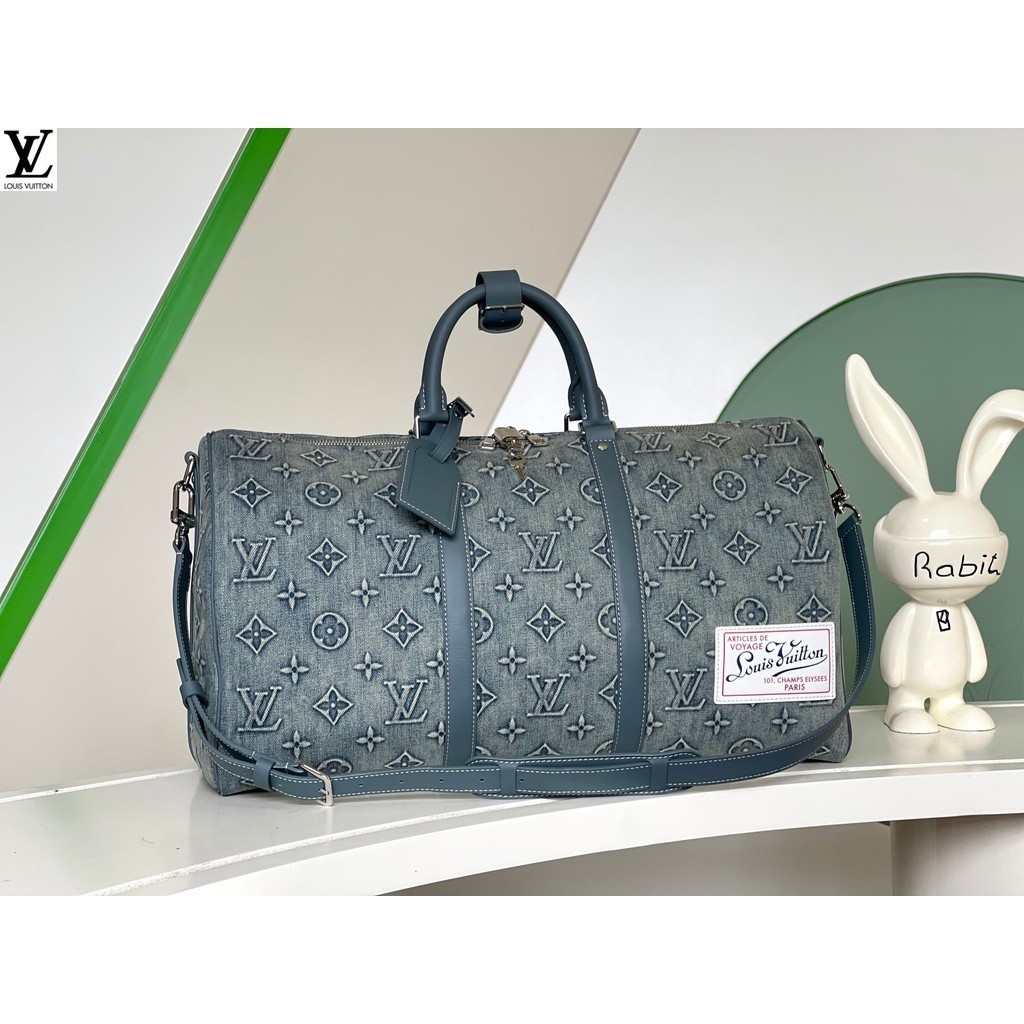 หลุยส์วิตตอง Louis Vuitton กระเป๋าสะพาย lv 22532] กระเป๋าเดินทาง keepall bandoulière 50 มีไหล่ยีนส์สีซีดจาง 3mx2