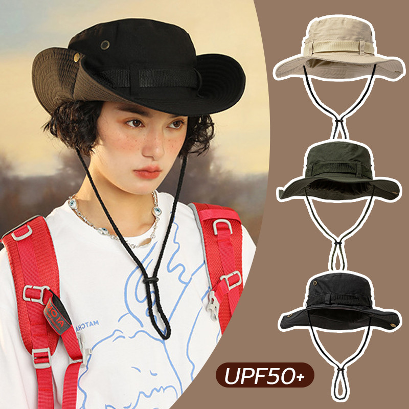 หมวกบักเก็ตเดินป่า หมวกกันแดด ตั้งแคมป์ ปีนเขา มีสายคล้องคอ ปีกกว้าง ใส่ได้ทั้งผู้หญิงผู้ชาย