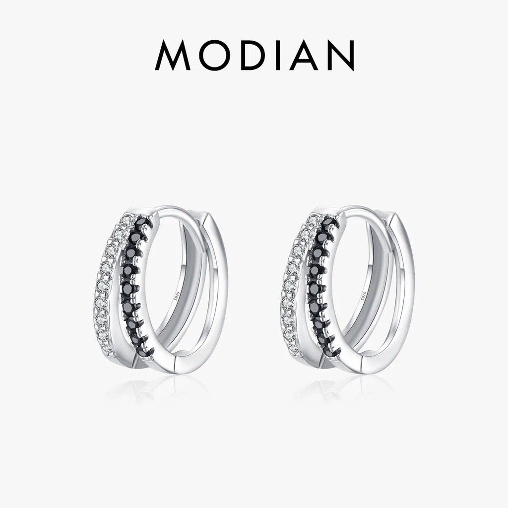 Modian 925 เงินสเตอร ์ ลิงสายสีดําและสีขาว Zirconia อินเทรนด ์ Hoop ต ่ างหูคลาสสิกรอบหูหัวเข ็ มขัดสําหรับผู ้ หญิงเครื ่ องประดับ