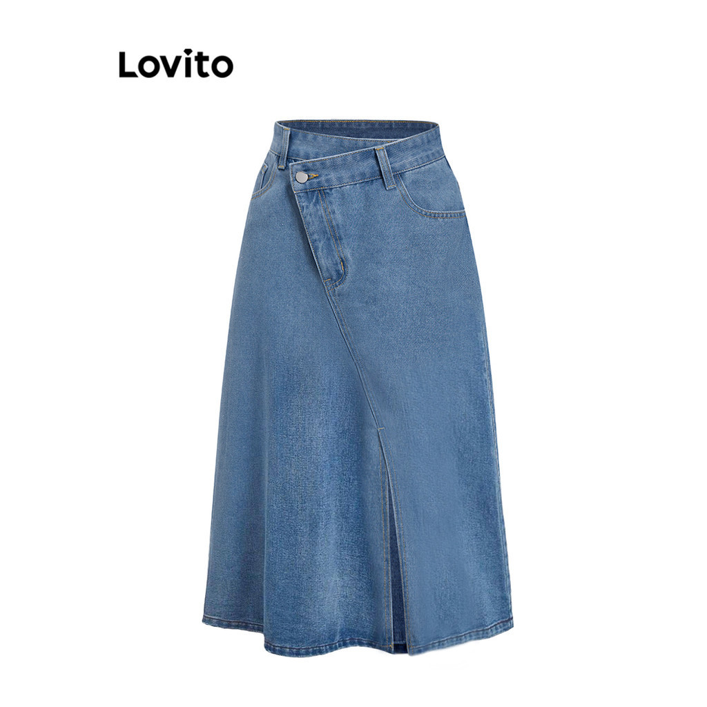 Lovito กระโปรงยีนส์ผู้หญิง แบบอสมมาตร สีพื้น สไตล์ลำลอง L80ED233
