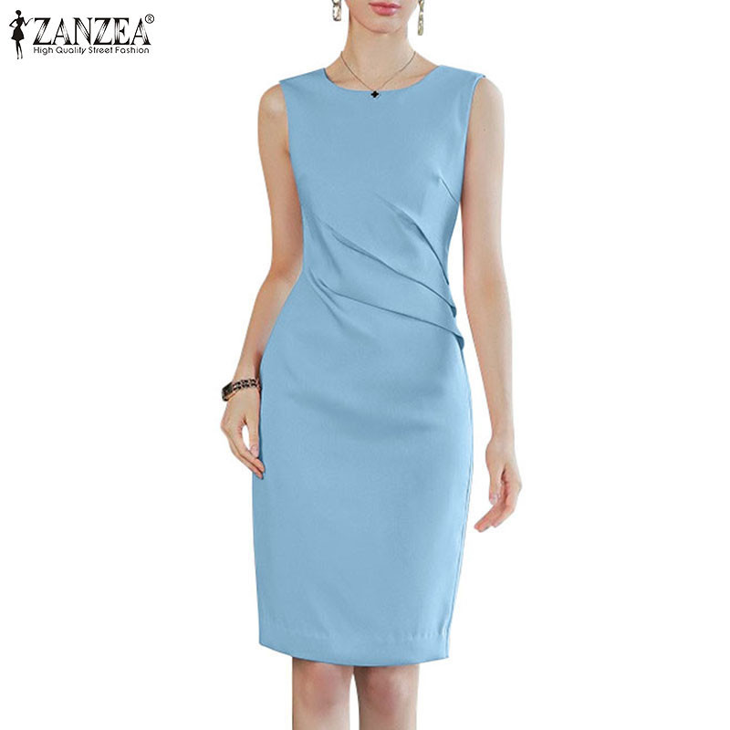 Zanzea ชุดเดรส คอกลม แขนกุด มีซิป สีพื้น สไตล์วินเทจ แฟชั่นสําหรับผู้หญิง