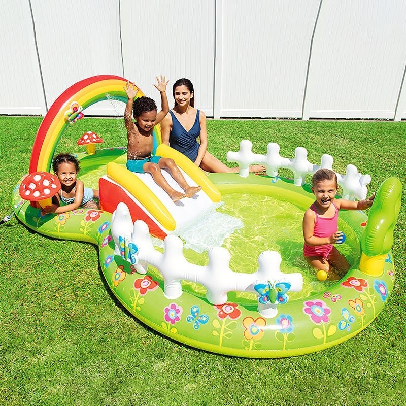 a INTEX สระว่ายน้ำเป่าลมสำหรับเด็กครอบครัวขนาดใหญ่ลูกบอลทรายสระว่ายน้ำบ้านเด็กสเปรย์น้ำสไลด์สระว่ายน้ำ