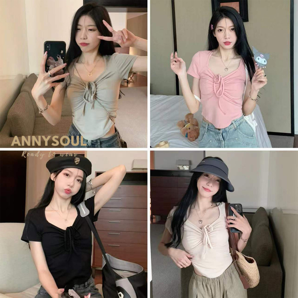 เสื้อแขนสั้น ทรงเข้ารูป ทรงสลิมฟิต มีสายรูด สไตล์เกาหลี