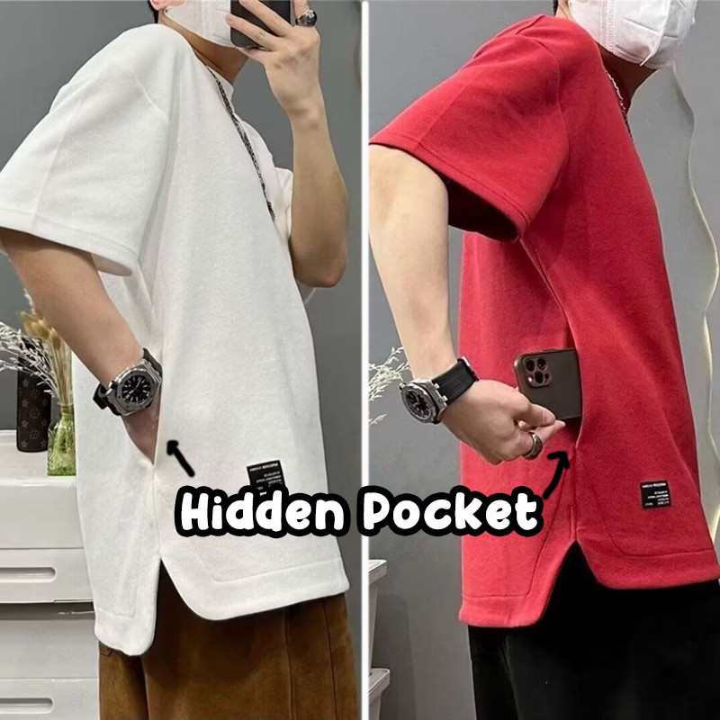 เสื้อยืดคอกลม เสื้อคอกลมผู้ชาย ขนาดใหญ่ แต่งกระเป๋าซ่อน สีพื้น สไตล์เกาหลี สําหรับผู้ชาย ไซซ์ M - 4XL