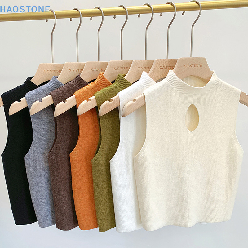 [HSNE] เสื้อกล้าม คอเต่า แขนกุด ผ้าถัก สีพื้น แฟชั่นฤดูร้อน สําหรับผู้หญิง MCL