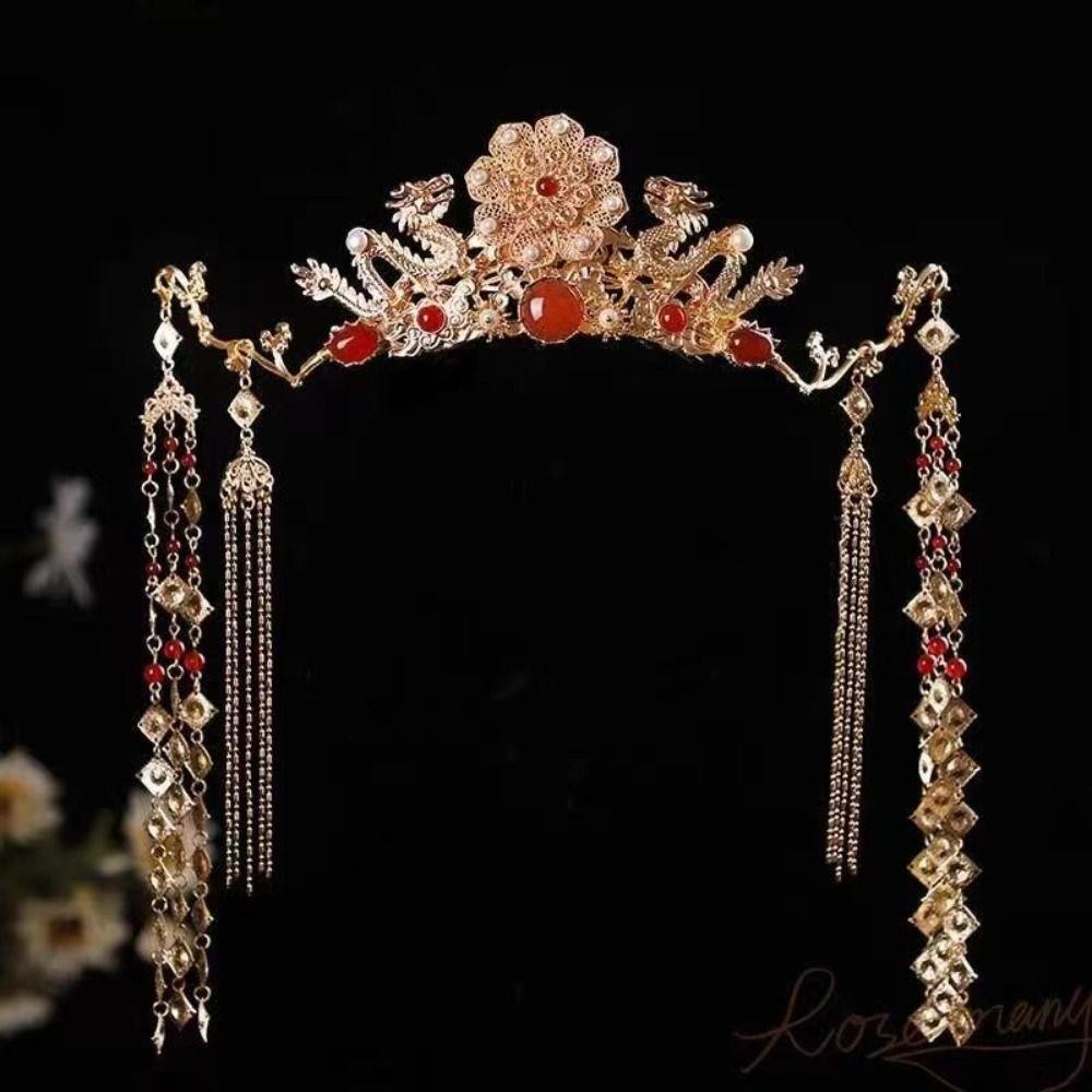 Wellnessspot หมวกเจ้าสาว, เครื่องประดับผมพู่พลาสติก, วินเทจโลหะผสมสีทองสไตล์จีนเจ้าสาว Coronet Hanfu - รูปที่ 5