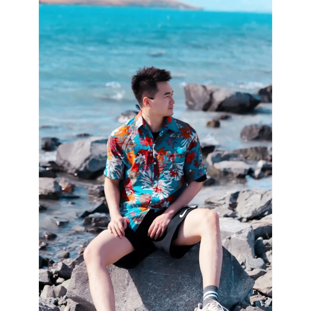 เสื้อสงกรานต์ฮาวาย ผู้ชาย สีเขียว ผ้าไหมอิตาลี แขนสั้น #305 thumbnail 10
