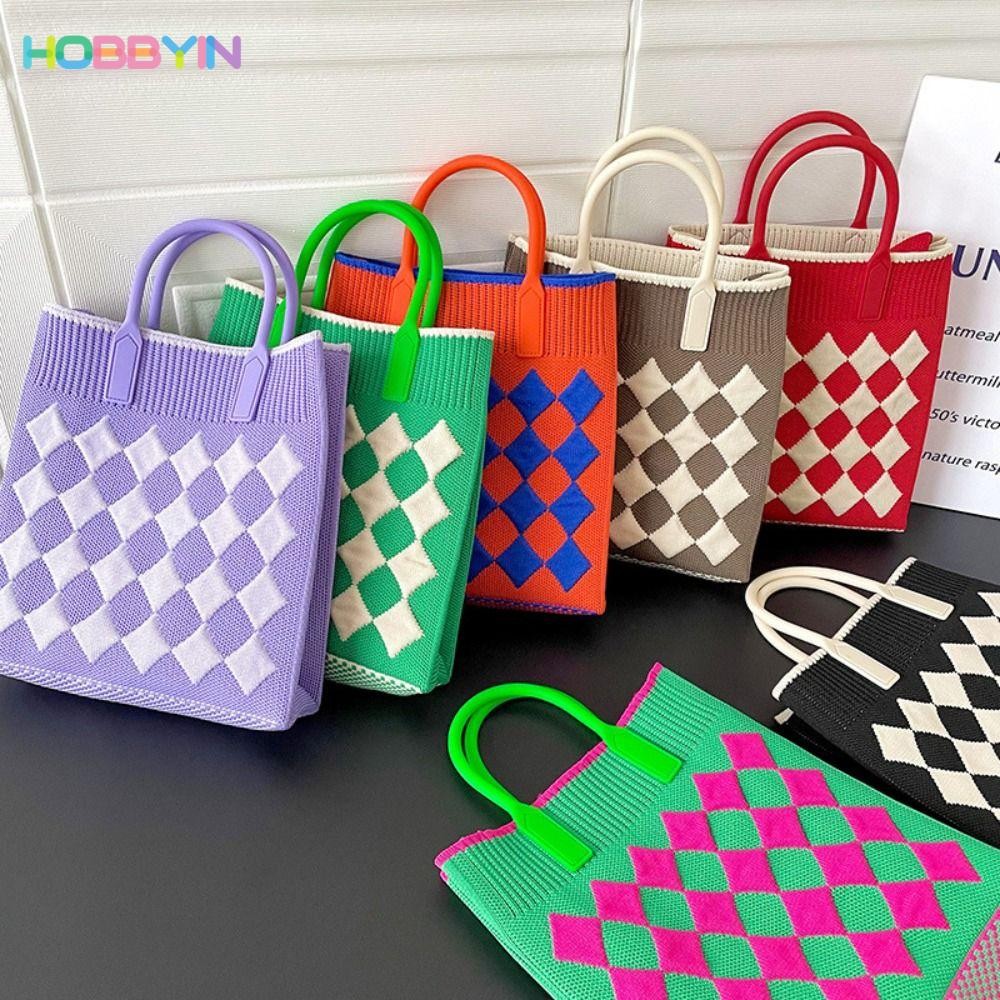 HOBBYIN กระเป๋าถือ ผ้าถัก แฮนด์เมด ความจุสูง สีตัดกัน สําหรับผู้หญิง