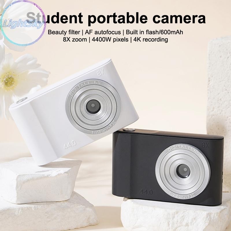 Lightsky 44MP Mini CCD กล้องดิจิตอลพร้อมการ์ดหน่วยความจํา 4K เลนส์คู่ 8X ซูมการเดินทางกล้องสําหรับเด็กหญิงเด็กของขวัญ TH