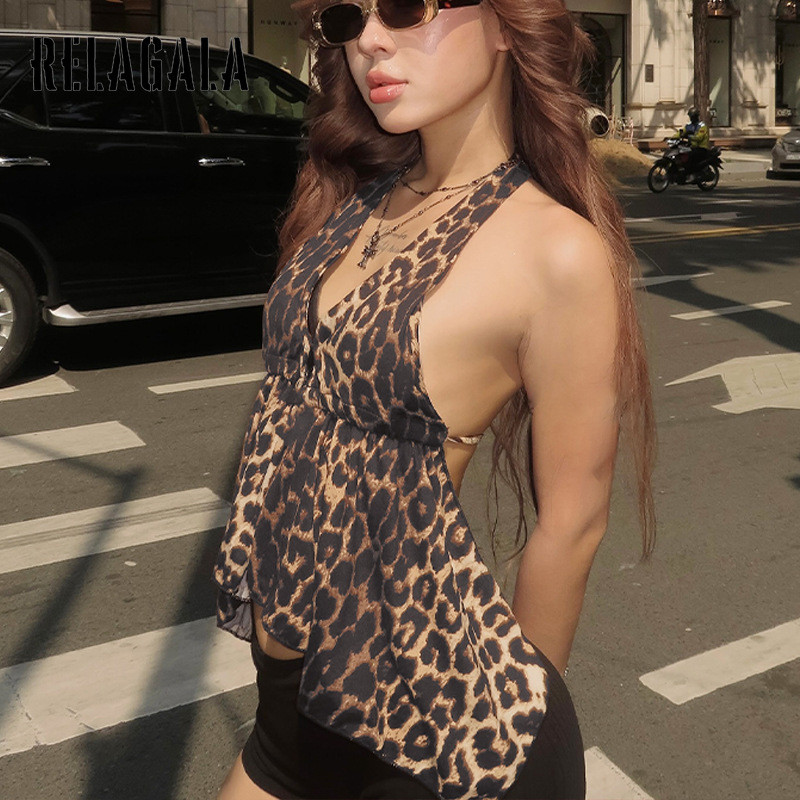 RELAGALA ผู้หญิง 2025 เซ็กซี่ พิมพ์เสือดาว Halter แขนกุดSlim Fit เสื้อกล้าม — صورة 5