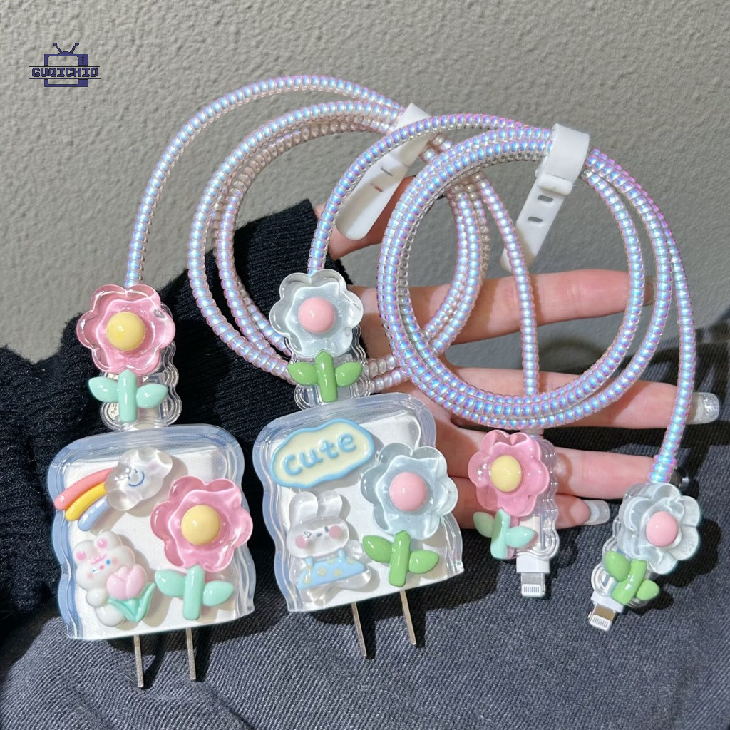 (5in1)ฝาครอบป้องกันสายชาร์จ ลายดอกไม้  สไตล์เกาหลี สสดและน่ารักชุดฝาครอบป้องกันสายเคเบิลข้อมูลการ์ตูนเคสชาร์จ 18/20W