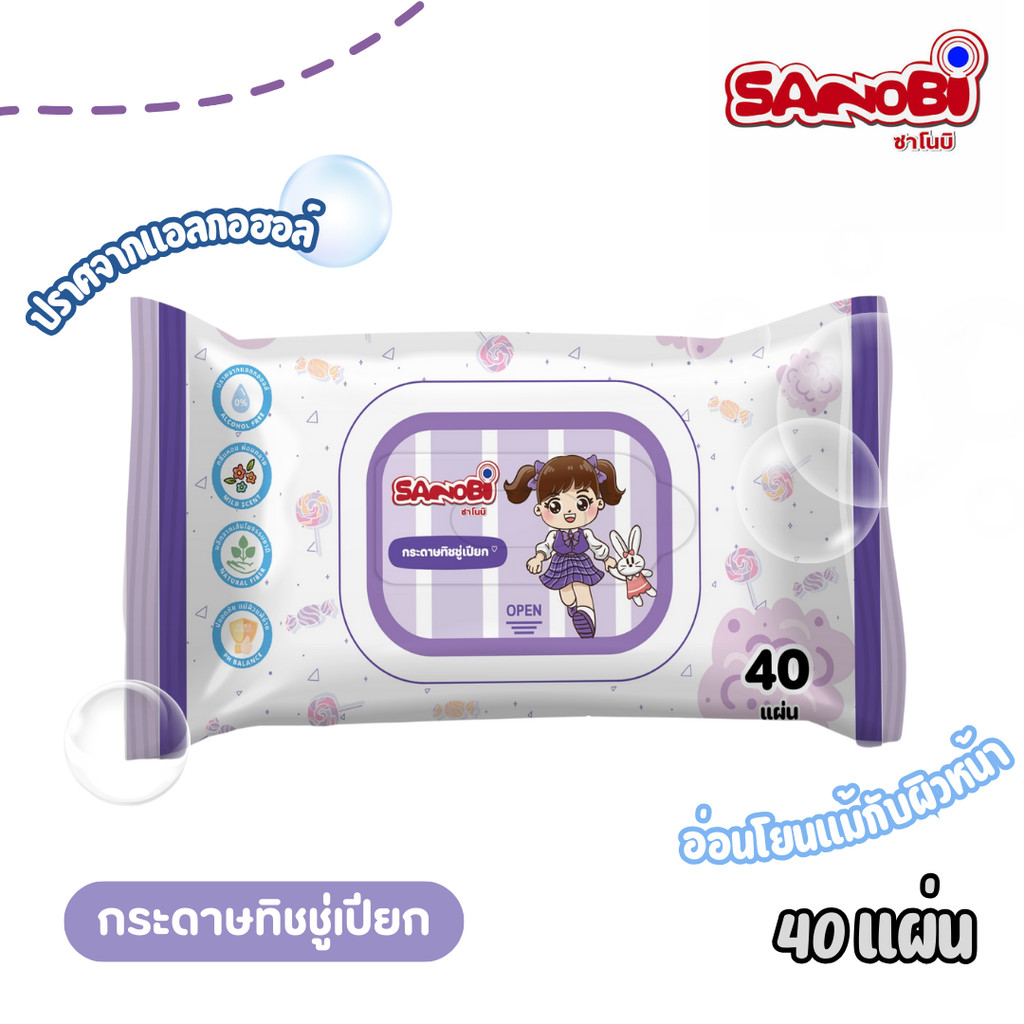 โฉมใหม่ SANOBI Wet Wipes Cloth กระดาษทิชชู่เปียก รุ่น 40 แผ่น : 1 ห่อ