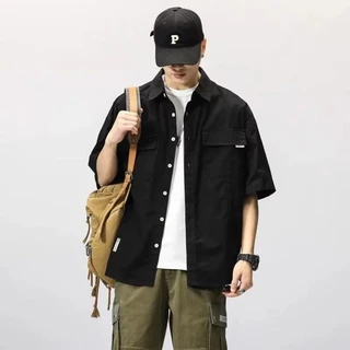MNO.9 Shirt616 เสื้อเชิ้ตผู้ชาย คอปก เสื้อคลุมแขนสั้น มีกระเป๋าหน้า ปักป้ายกระเป๋าและข้างลำตัว ลำลอง วินเทจ Man Clothing