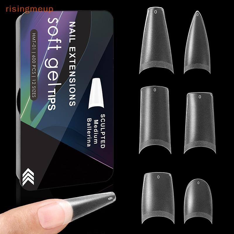 [risingmeup] 600 ชิ้น/กล่อง Soft Gel Nail Tips Pre-Buff Full Cover Coffin Almond Oval Shaped Nail Extension Tips Half Matte Gel ร้านทําเล็บปลอม