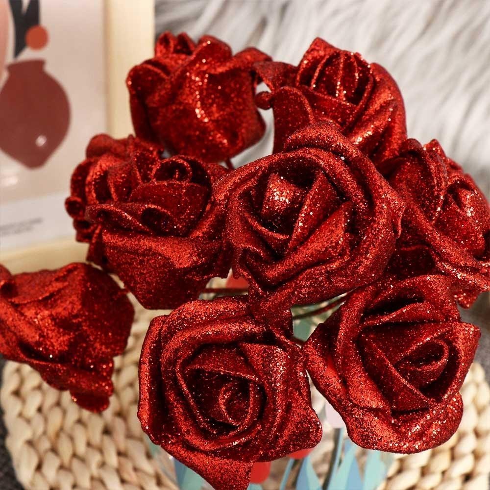 STYLEAVENUE กุหลาบประดิษฐ์ 6 ซม.ช่อดอกไม้เจ้าสาวพร้อมผงแวววาวงานแต่งงานตกแต่ง - รูปที่ 2