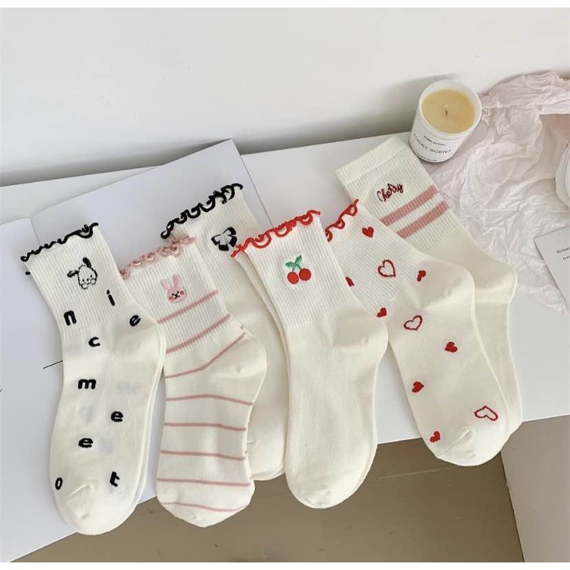 ONEIMO🍑 ถุงเท้าแฟชั่น ข้อกลาง ลายน่ารัก สไตล์เกาหลี 2368💥พร้อมส่ง