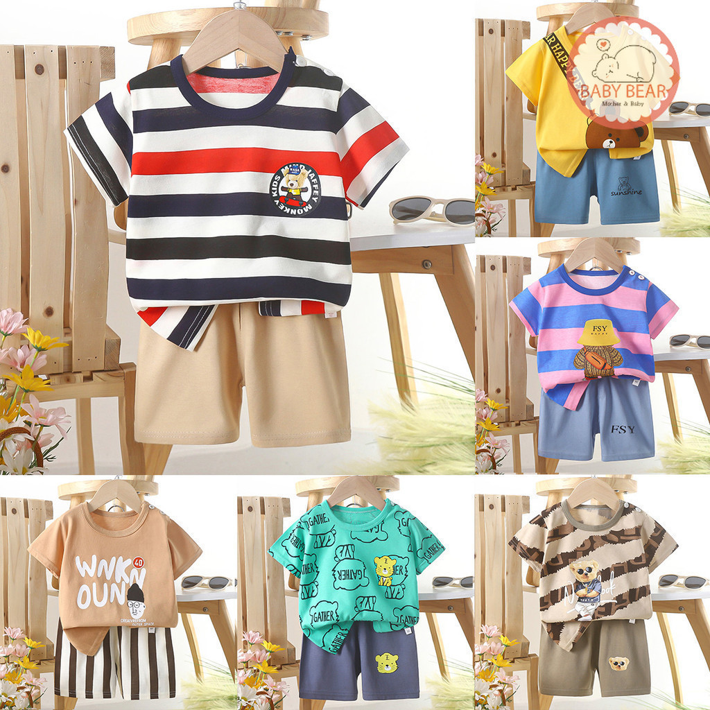 เสื้อผ้าเด็ก ชุดเซทเสื้อแขนสั้น+กางเกงขาสั้น  ผ้าcotton อายุ 6เดือน-3ปี