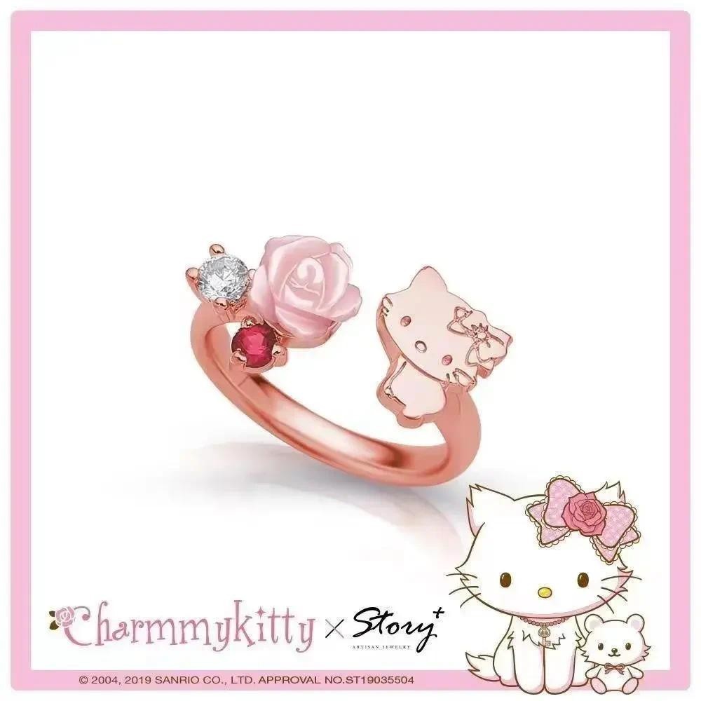 จัดส่งภายใน 3 วันSnrio Hello Kitty Chami Kitty Rose Electroplated แหวนเงินแท้ 925 สําหรับผู้หญิง Kwa