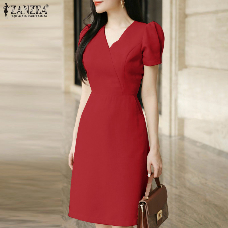 ZANZEA ซานเซีย ผู้หญิงแฟชั่นเกาหลีสีทึบพัฟแขนคอวีมินิเดรส ราคา ถูกที่สุด ดีลบีเคเค แกลเลอรีภาพที่ 5