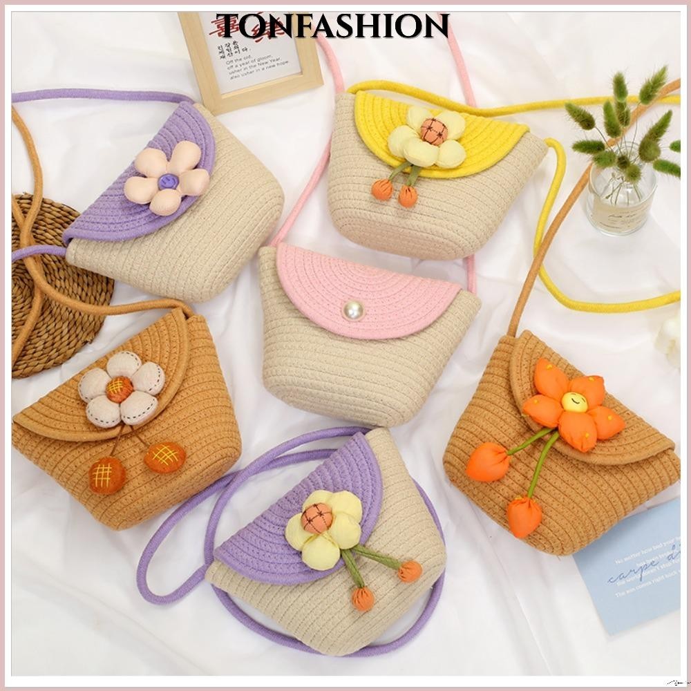 Tonfashion กระเป๋าถือฟางสาน แฮนด์เมด ลายดอกไม้น่ารัก ขนาดเล็ก สีแคนดี้ เหมาะกับฤดูร้อน