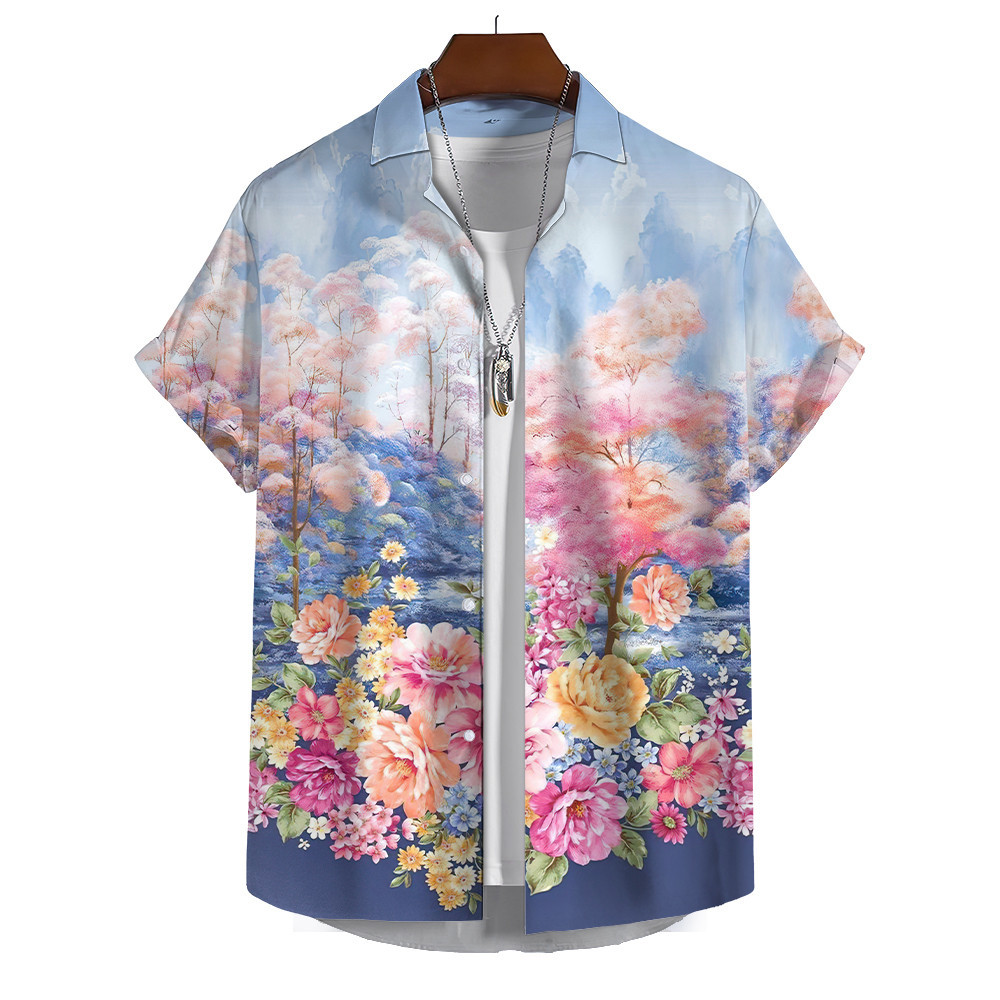 เสื้อเชิ้ตแขนสั้นลําลอง พิมพ์ลายดอกไม้ 3 มิติ ทรงหลวม ขนาดใหญ่ เหมาะกับเดินชายหาด สไตล์ฮาวาย แฟชั่นสําหรับผู้ชาย