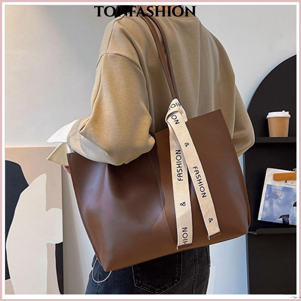 Tonfashion กระเป๋าสะพายไหล่ลําลอง หนัง PU ทรงโท้ท ขนาดใหญ่ จุของได้เยอะ แฟชั่นเรโทร สําหรับสตรี 2024