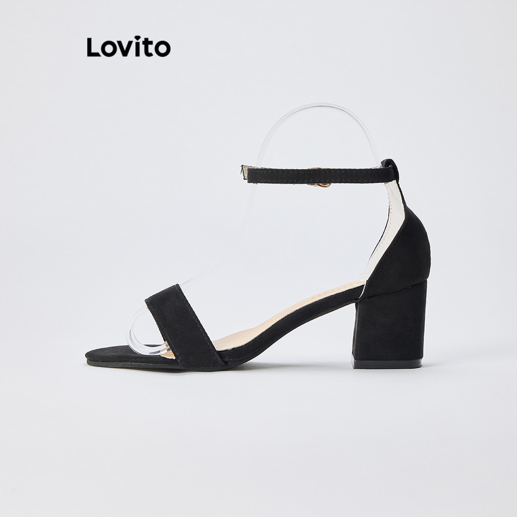Lovito รองเท้าส้นสูงผู้หญิง แบบหนา แต่งสายคาดตรง สีเรียบ สไตล์หรูหรา LFA78016