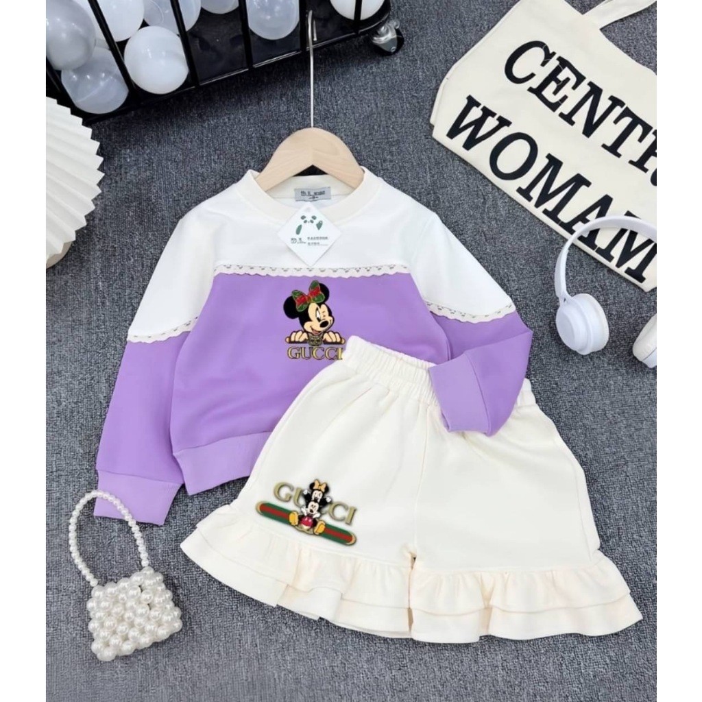 ชุดเซ็ทเด็ก เสื้อแขนยาว+กางเกงขาสั้นงระบาย เนื้อผ้าคอตตอน มี5สี ชมพู,โอรส,ม่วง,เขียว,น้ำตาล ไซส์S,M,