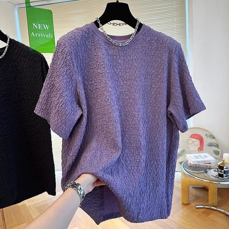 แขนสั้นผ้าไหมน้ําแข็งบางสั้น T Textured แขนสั้นเสื้อยืดผู้ชายผู้หญิงฤดูร้อนออกแบบหลวมสบายๆ Seersucker เสื้อผ้า M-3XL