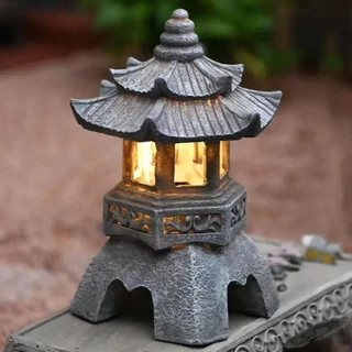 Rookiedd4 พลังงานแสงอาทิตย์ LED เจดีย์โคมไฟ,เรซิ่นรูปปั้นประณีต, Zen Stone Tower Decor งานฝีมือสร้างสรรค์ Landscap โคมไฟตกแต่งสวน