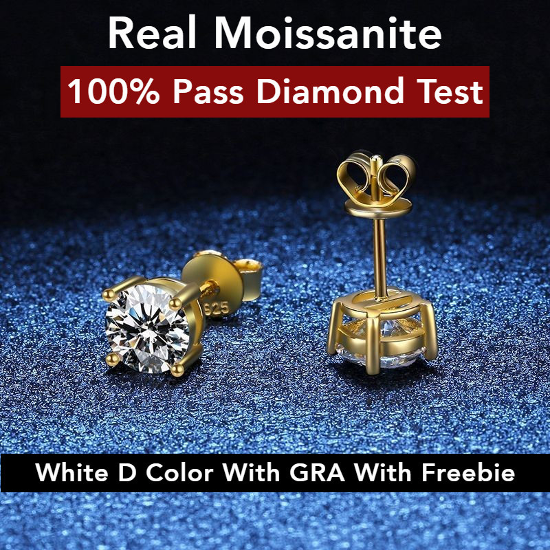 จริง Moissanite 0.5ct 1ct 2ct Four-Prong รอบตัดสีเหลืองทองอินเทรนด์ต่างหู S925 Silver Gold Plated พร้อมการรับรอง GRA สามารถ Pass Test สําหรับหมั้นงานแต่งงานวันเกิด