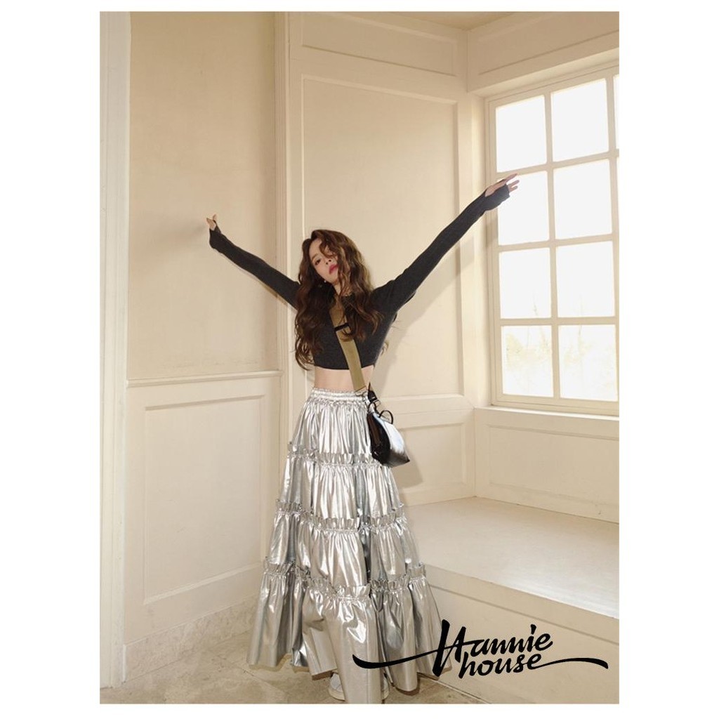 Hannie- กระโปรงพลีทเมทัลลิก ทรงเอ สีเงิน สําหรับผู้หญิง