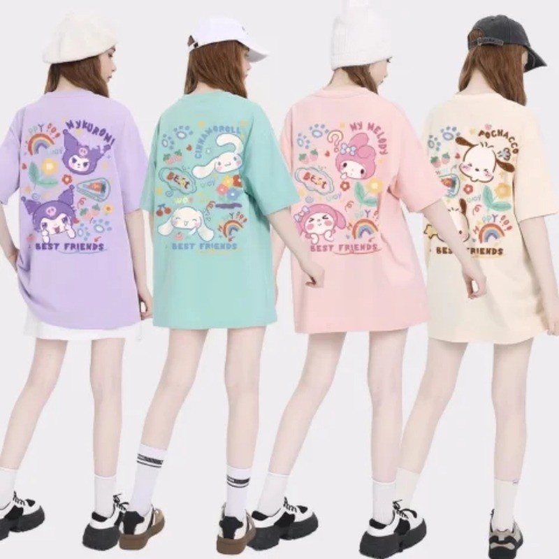เสื้อยืดลําลอง คอกลม แขนสั้น พิมพ์ลายการ์ตูนน่ารัก สไตล์เกาหลี ฮาราจูกุ ทรงหลวม สีสันสดใส สําหรับสตรี