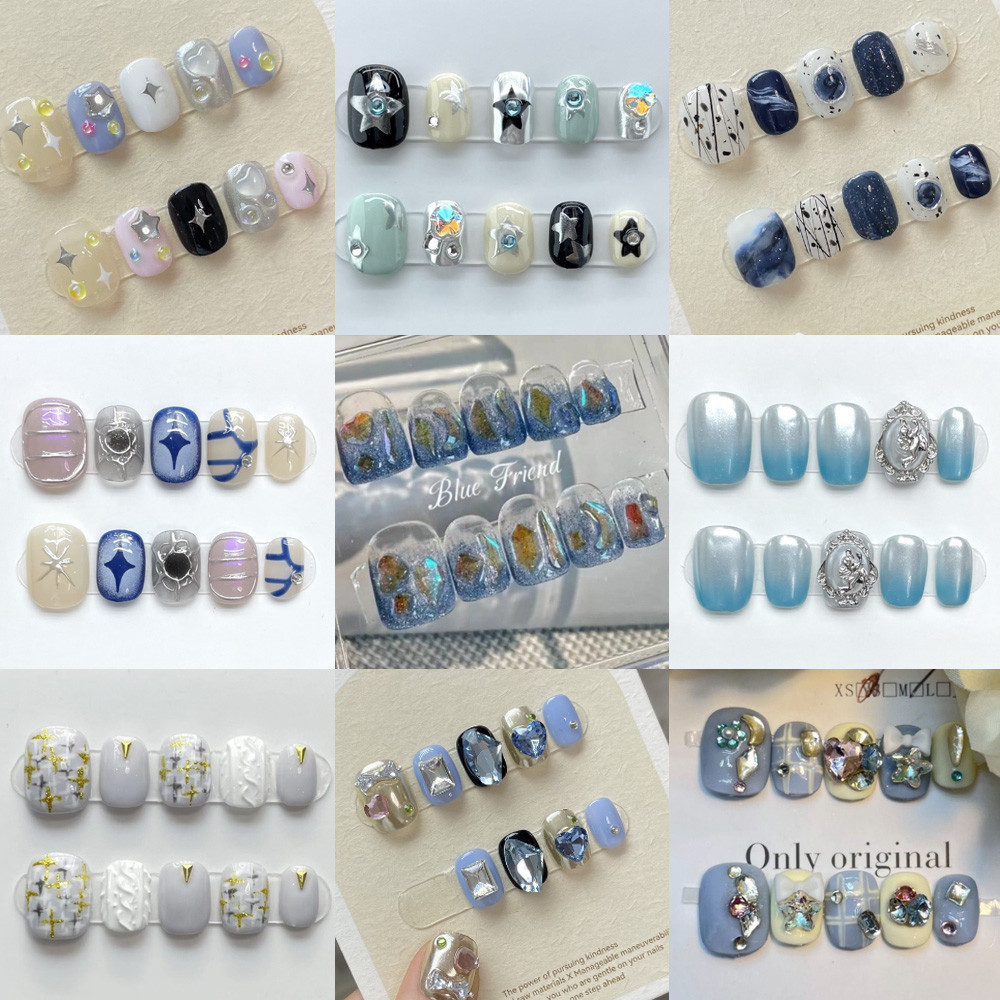 【HANDMADE】เล็บปลอม ทรงกลม สั้น ลายดาว ไอศกรีม สีฟ้า และสีเหลือง น่ารัก ใช้ซ้ําได้ เหมาะกับฤดูใบไม้ผลิ ฤดูร้อน สําหรับตกแต่งเล็บ
