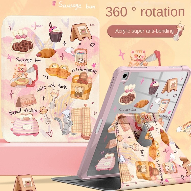 [iPad Air 4] เคสอะคริลิค ลายการ์ตูนแมว ขนมปัง กันหล่น 360 องศา สําหรับ iPad 10th Gen 2022 9th 8th 7th Air5 9.7 2017 18 Air1 Air 2 ° เคส iPad หมุนได้