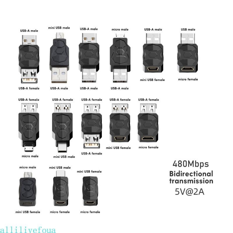 Allilivefoua อะแดปเตอร์แปลงสายชาร์จ USB เป็น Micro USB ตัวเมีย ตัวผู้ เป็น Mini USB 480Mbps DualWay